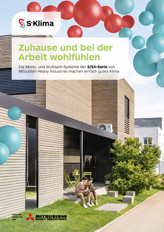 PDF-Download: Broschüre zu MHI-Klimaanlagen mit Gebäudeansicht und bunten Kreisen.